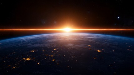 A breathtaking view of Earth from space, with the sun rising over the horizon and illuminating the planet's surface. The lights of cities twinkle below, creating a mesmerizing spectacle.