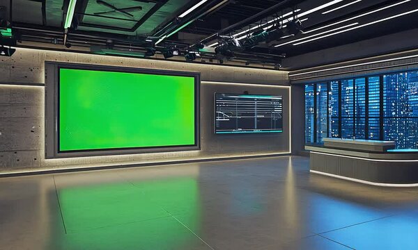 Empty Modern TV Newsroom with Green Screen Ready