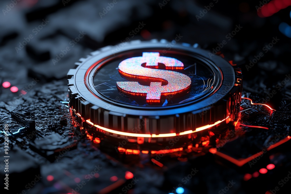 Poster a futuristic dollar symbol illuminated with red light, set against a dark technological background, 