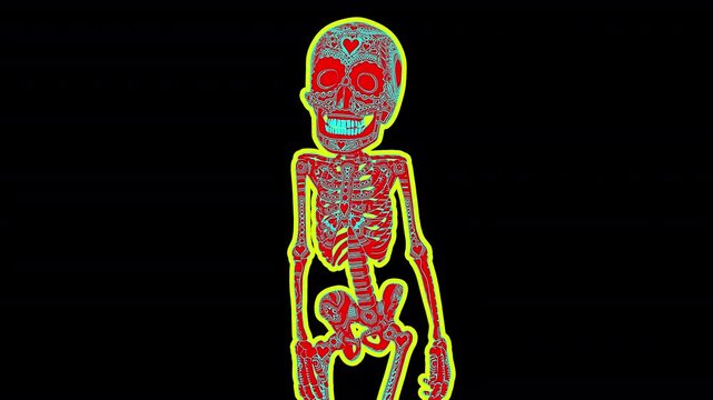 Seamless animation of a catwalk walking skeleton isolated with alpha channel. Funny halloween background with cartoon illustration effect
