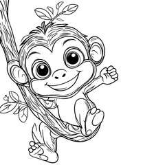 Coloring page for kids, a cute baby monkey hanging on a tree branch. Cute kawaii monkey cartoon character coloring page vector illustration.