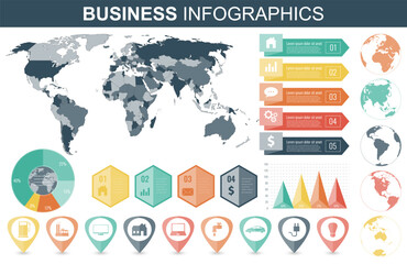 Infographic Elements with world map and charts. Vector illustration