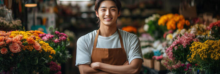 Asian male florist smiling with confidence in shop.