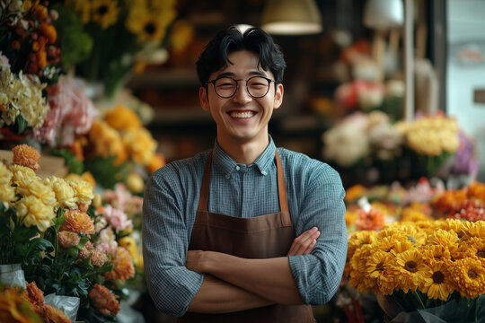 Asian male florist smiling with confidence in shop.