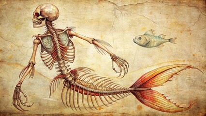 Naklejka premium Mermaid Skeleton Anatomy, Vintage Scientific Illustration