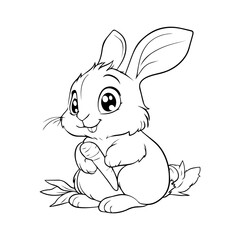 Cute, kawaii baby bunny with a flower coloring page for kids on white background.