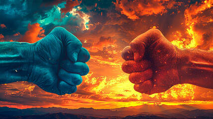 Two fists, one glowing orange and the other blue, symbolize competition and conflict.