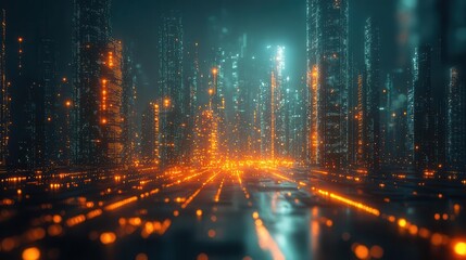 Fototapeta premium interconnected silhouettes forming intricate network futuristic cityscape glowing data streams hovering information nodes seamless connectivity