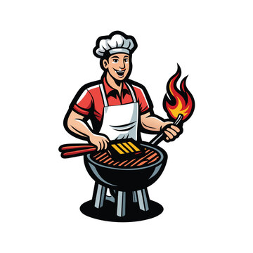 recommend clip art: Illustration of a man in a chef's hat and apron grilling food on a barbecue.