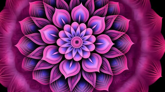 A detailed, symmetrical mandala design with vibrant pink and purple hues, radiating a sense of balance and harmony.

