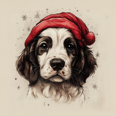 Portrait of dog with Christmas Santa Hat.  Hand drawn illustration.
