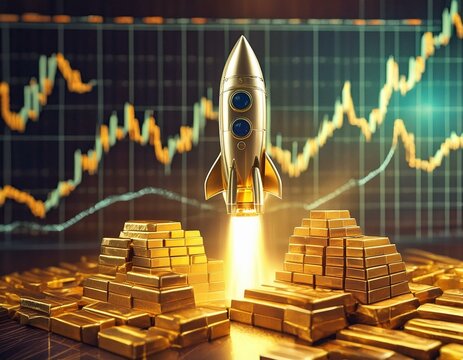Gold bars taking off like a rocket in front of a rising stock market chart, concept of gold price soaring