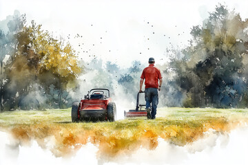 Fototapeta premium Watercolor painting of a man cutting grass with a lawn mowing cart in the field.