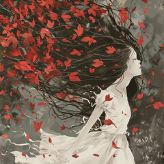 Fototapeta premium Whimsical girl dashing through leaves and blossoms in her hair, red and gray tones, romantic and charming, animated storybook style, soft and dreamy humor with a touch of warmth 