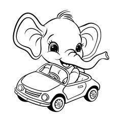 Cute cartoon baby elephant driving a car coloring page for kids, Coloring book page for children hand drawn of Elephant on white background.
