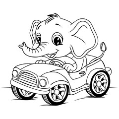 Cute cartoon baby elephant driving a car coloring page for kids, Coloring book page for children hand drawn of Elephant on white background.
