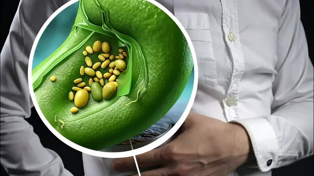 Zoomed-in view of gallstones inside a gallbladder, shown through a medical illustration, with a person holding their abdomen in pain in the background, emphasizing the discomfort and health issue ass
