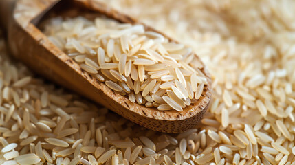 Brown rice grains with a wooden scoop.