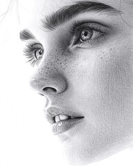 Obraz premium Close-up portrait of a beautiful young woman with freckles. Pencil drawing.