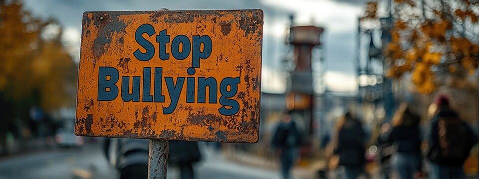 Anti bullying action: text stop bullying, call to end harmful behavior, promote kindness and respect, importance of standing up against intimidation and fostering a safe, supportive environment