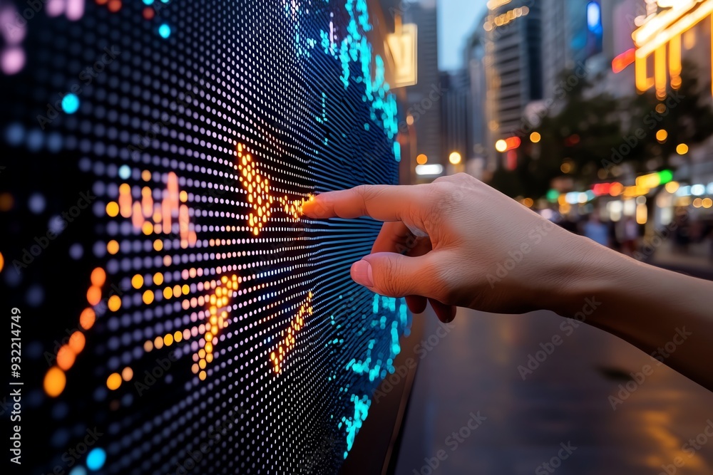 Poster A hand interacting with a colorful digital display in a bustling urban environment at dusk, showcasing modern technology usage.