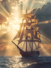 Fototapeta premium Sailing ship in the sea against the sunset sky. 3d render