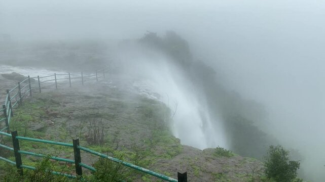 reverse waterfall observed during extremely heavy rains at patan plateau near koynanagar in Konkan, Maharashtra, India