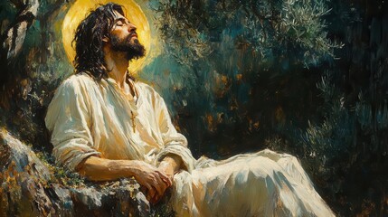 jesus praying in moonlit olive grove anguished expression impressionist brushstrokes capture swirling emotions golden halo deep shadows muted earth tones with touches of divine light