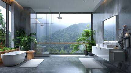 Fototapeta premium Futuristic Bathroom Oasis: Glass Shower, Panoramic Views & Modern Decor