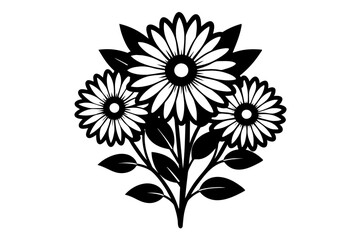 A cluster of daisies with intricate detailing on the petals and leaves, drawn in a black and white vector