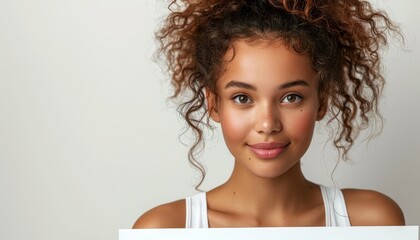 beautiful latin American woman with curly hair on white background, copy space