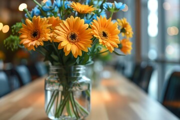 orange flowers, gerberas in vase on wooden table