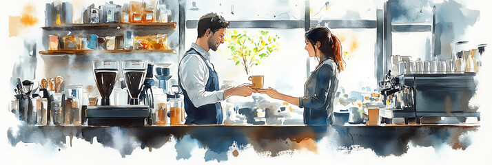 Watercolor painting of a barista delivering coffee to a customer at a coffee shop counter.