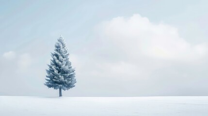 A lone, snow-covered evergreen tree stands tall against a backdrop of a vast, white snowy plain and a hazy, pale blue sky with wispy clouds.