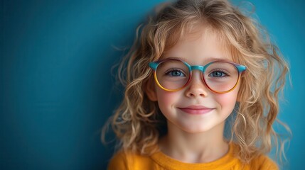 joyful portrait of young girl with bouncy blonde curls oversized colorful glasses frame her beaming smile set against a vibrant blue background radiating childhood wonder and innocence