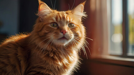 cute red fluffy cat smiling in sunlight, cute home environment, free copy space