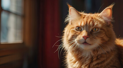 cute red fluffy cat smiling in sunlight, cute home environment, free copy space