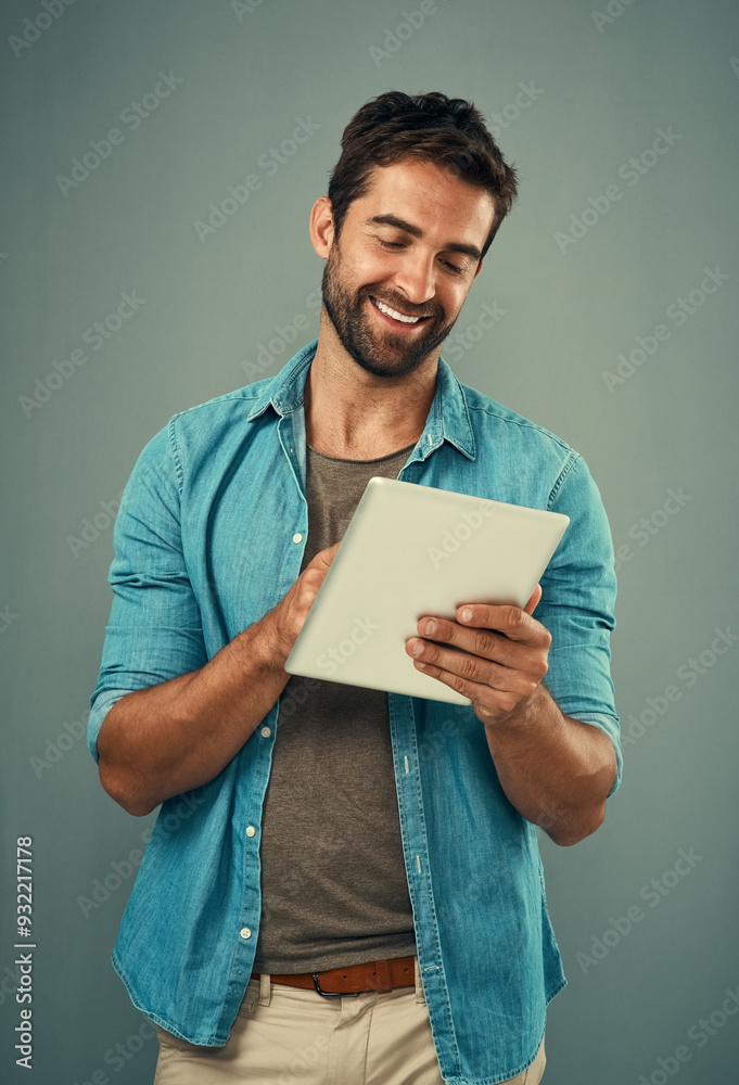 Poster tablet, smile and man in studio with research for creative software with project development. happy,