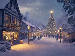 Fototapeta premium Christmas Cityscape at Night with Glowing Street Lights and Decorations