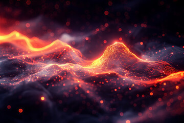 Vibrant, glowing lines undulate across an abstract terrain, illuminated by sparkling particles, evoking a sense of dynamic flow and energy.