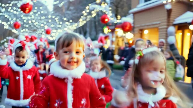 Children dressed as Santa Claus on the street decorated with garlands and Christmas balls. The atmosphere is festive and fun.