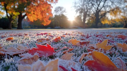 Sun shining on a frozen lawn covered with autumn leaves