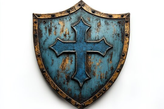 Blue medieval shield with cross showing protection and security