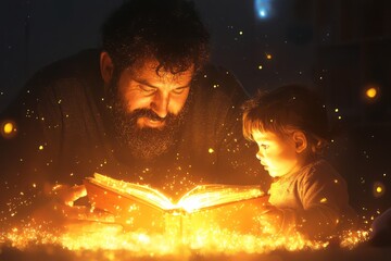A father and child share magic moments while reading a glowing book at night
