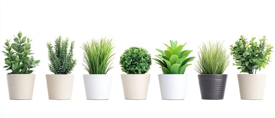 Fototapeta premium Eight potted plants with various green foliage and textured pots