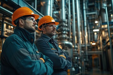 Two engineers standing with arms crossed in industrial facility