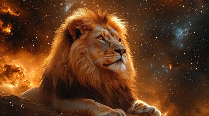 Majestic lion resting under starry sky with nebula clouds