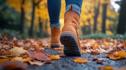 lowangle view of autumn leaves scattered on park path feet in cozy boots visible midstride warm sunlight filtering through colorful foliage overhead