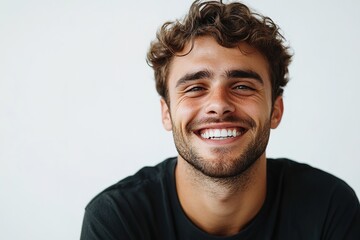 Fototapeta premium Smiling young man with curly hair and beard