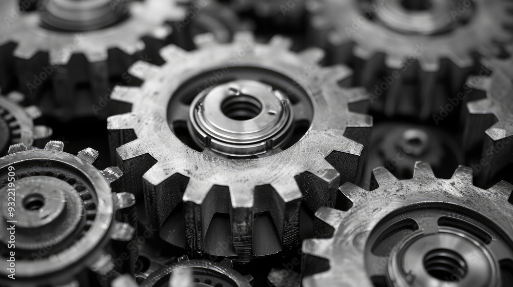 Poster close-up view of complex interlocking industrial gears in black and white
